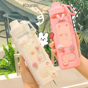 Kawaii Bear White Pink Rectangle Plastic Bottle With 3D Sticker-Enchanted peach