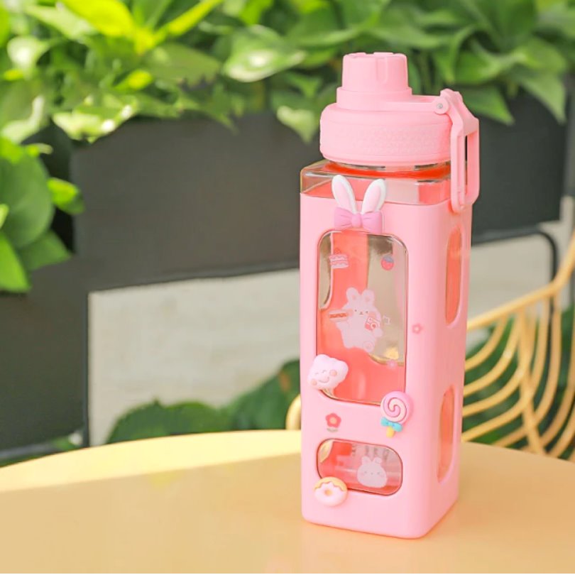 Kawaii Bear White Pink Rectangle Plastic Bottle With 3D Sticker-Enchanted peach