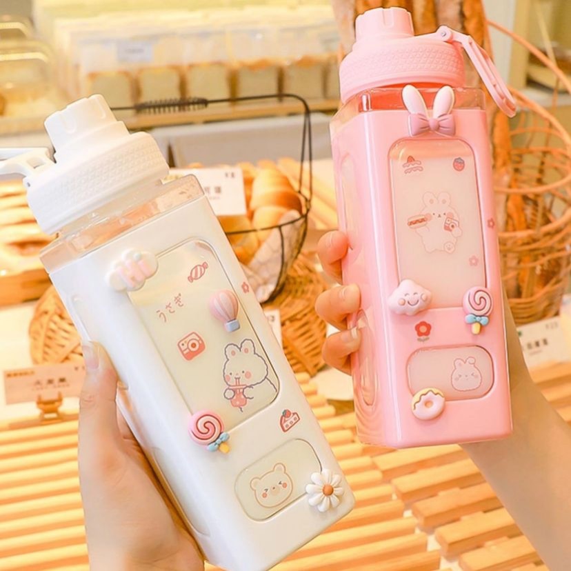 Kawaii Bear White Pink Rectangle Plastic Bottle With 3D Sticker-Enchanted peach