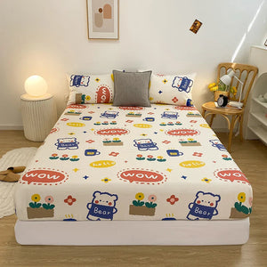 Kawaii Blue Bear Fitted Bed Sheet-Enchanted peach