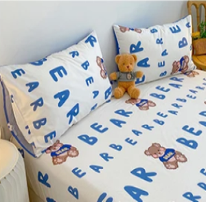 Kawaii Blue Bear Fitted Bed Sheet-Enchanted peach