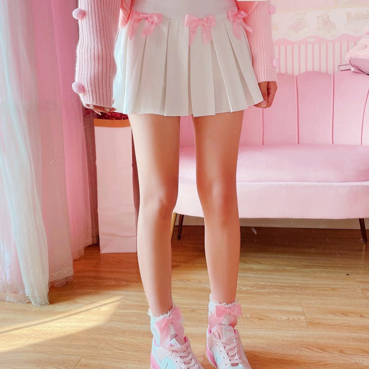 Kawaii Bow White Pleated Mini High-Waist Short Skirt-Enchanted peach