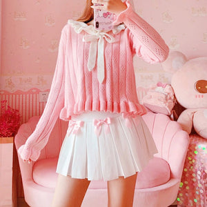 Kawaii Bow White Pleated Mini High-Waist Short Skirt-Enchanted peach