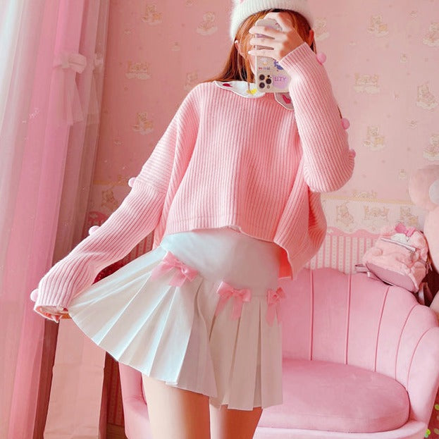 Kawaii Bow White Pleated Mini High-Waist Short Skirt-Enchanted peach