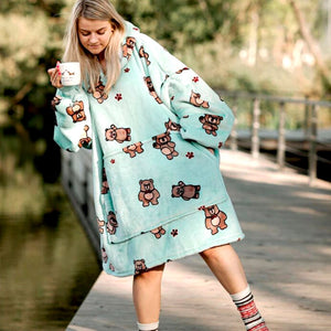 Kawaii Brown Bears Oversized Thick Blanket Hoodie-Enchanted peach