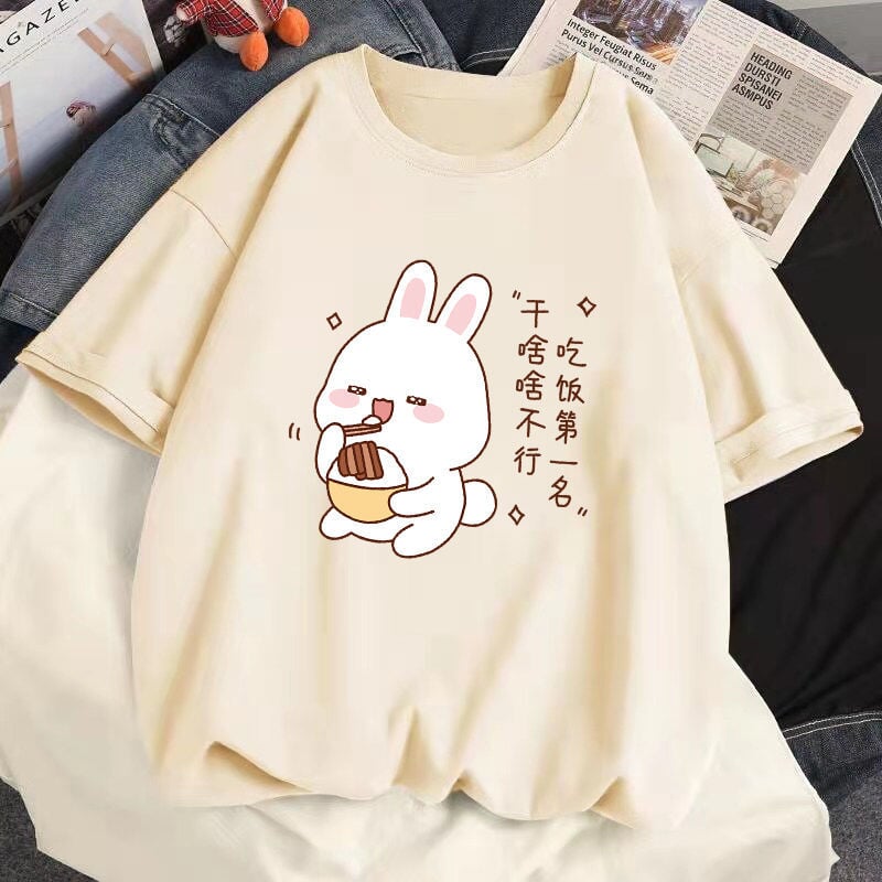 Kawaii Bunny Eating Cotton Women's Tee-Enchanted peach