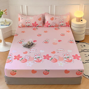 Kawaii Bunny Pink White Polyester Bedsheet Only-Enchanted peach