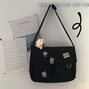 Kawaii Canvas Black White Bookbag-Enchanted peach