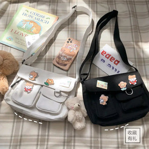 Kawaii Canvas Black White Bookbag-Enchanted peach