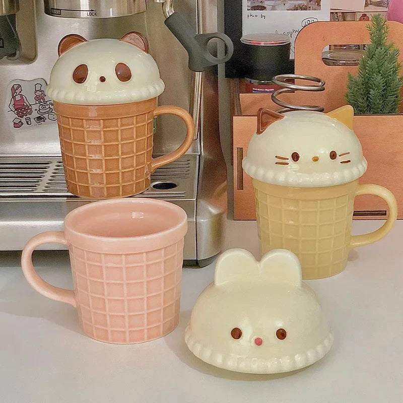 Kawaii Cat Rabbit Panda Waffle Ceramic Mug with Lid-Enchanted peach