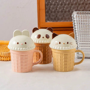 Kawaii Cat Rabbit Panda Waffle Ceramic Mug with Lid-Enchanted peach