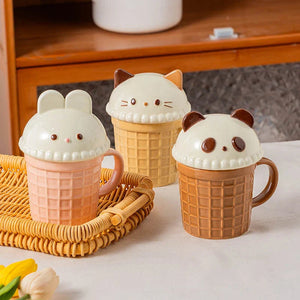 Kawaii Cat Rabbit Panda Waffle Ceramic Mug with Lid-Enchanted peach