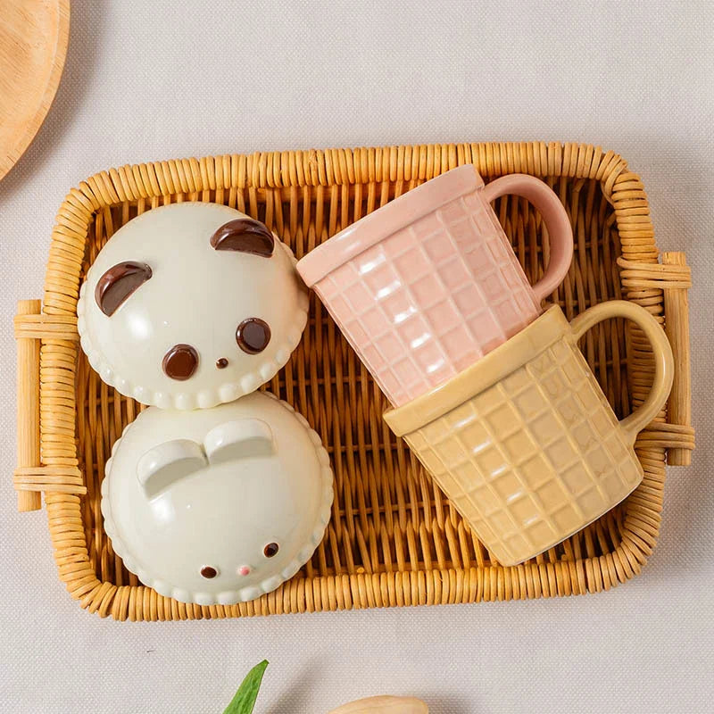 Kawaii Cat Rabbit Panda Waffle Ceramic Mug with Lid-Enchanted peach