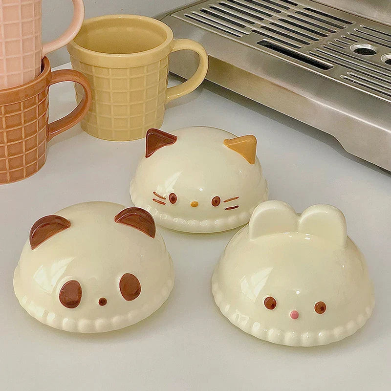 Kawaii Cat Rabbit Panda Waffle Ceramic Mug with Lid-Enchanted peach