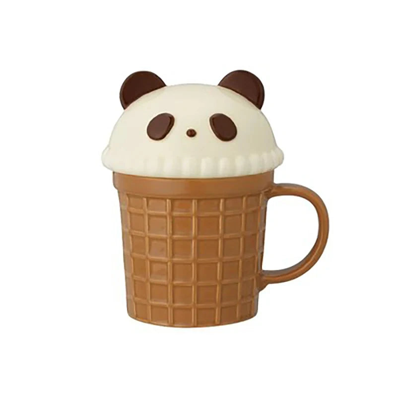 Kawaii Cat Rabbit Panda Waffle Ceramic Mug with Lid-Enchanted peach