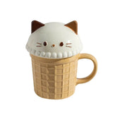 Kawaii Cat Rabbit Panda Waffle Ceramic Mug with Lid-Enchanted peach