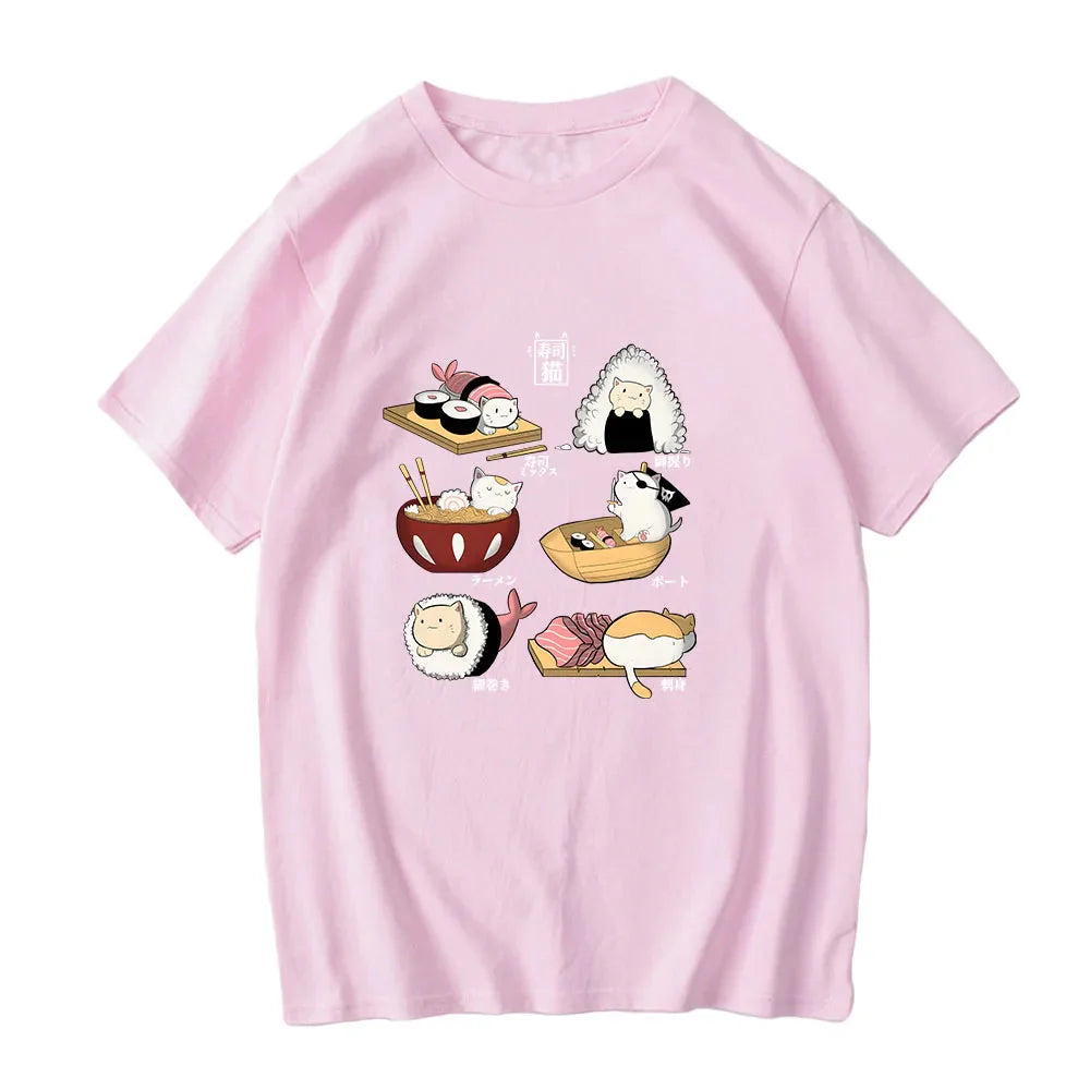 Kawaii Cat Sushi Harajuku Cotton Unisex Tee-Enchanted peach