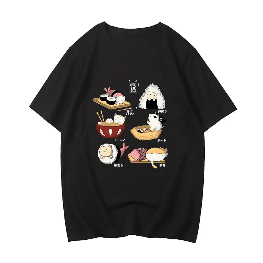 Kawaii Cat Sushi Harajuku Cotton Unisex Tee-Enchanted peach