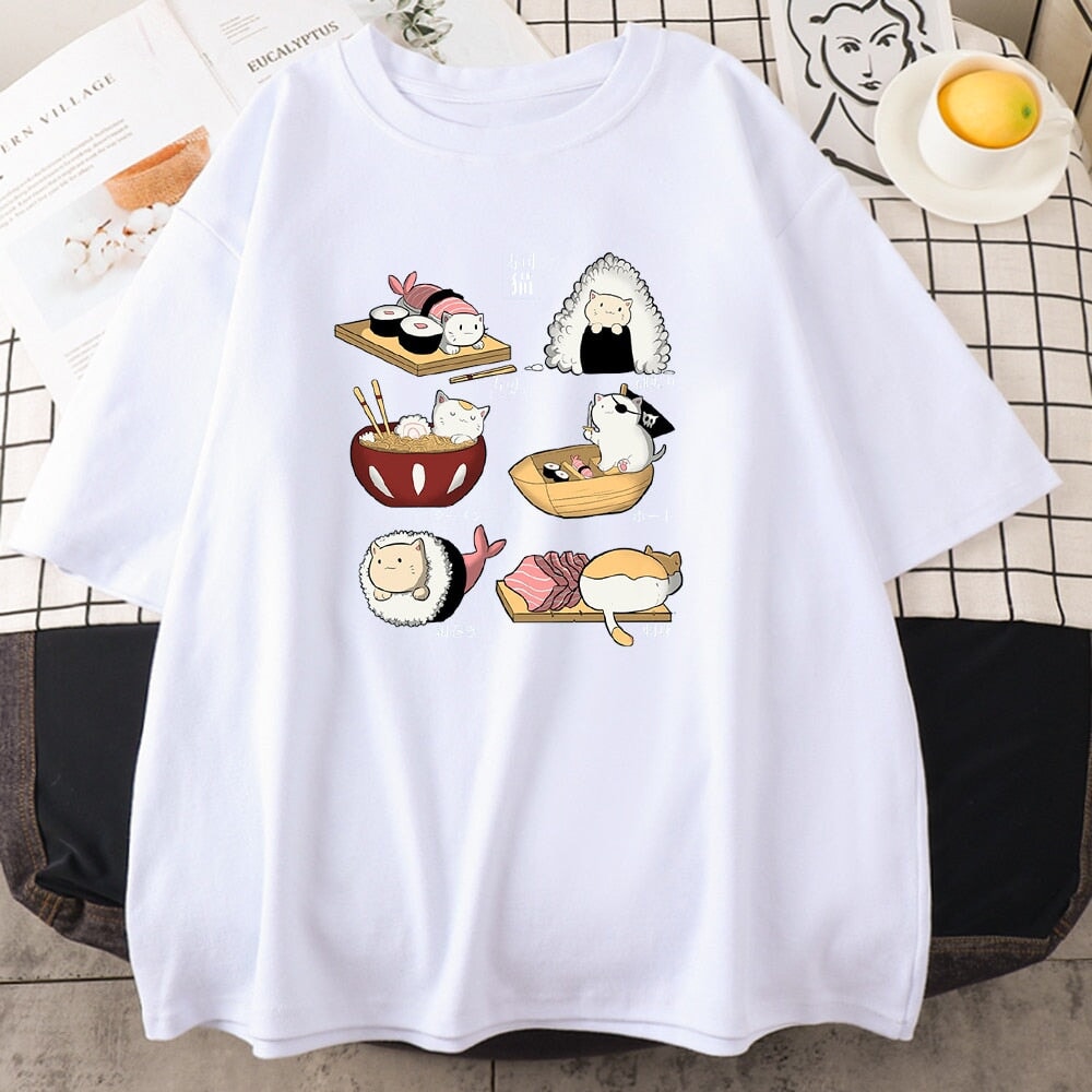 Kawaii Cat Sushi Harajuku Cotton Unisex Tee-Enchanted peach