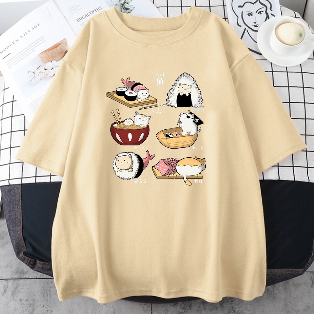 Kawaii Cat Sushi Harajuku Cotton Unisex Tee-Enchanted peach