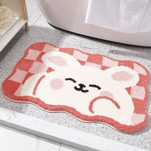 Kawaii Checkered Frog Bunny Non-Slip Bath Mats-Enchanted peach