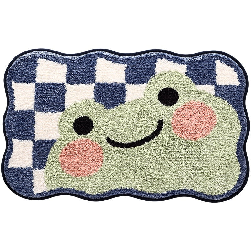 Kawaii Checkered Frog Bunny Non-Slip Bath Mats-Enchanted peach