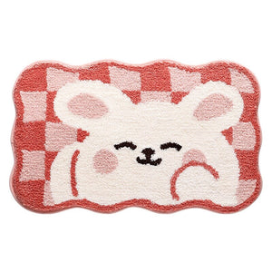 Kawaii Checkered Frog Bunny Non-Slip Bath Mats-Enchanted peach