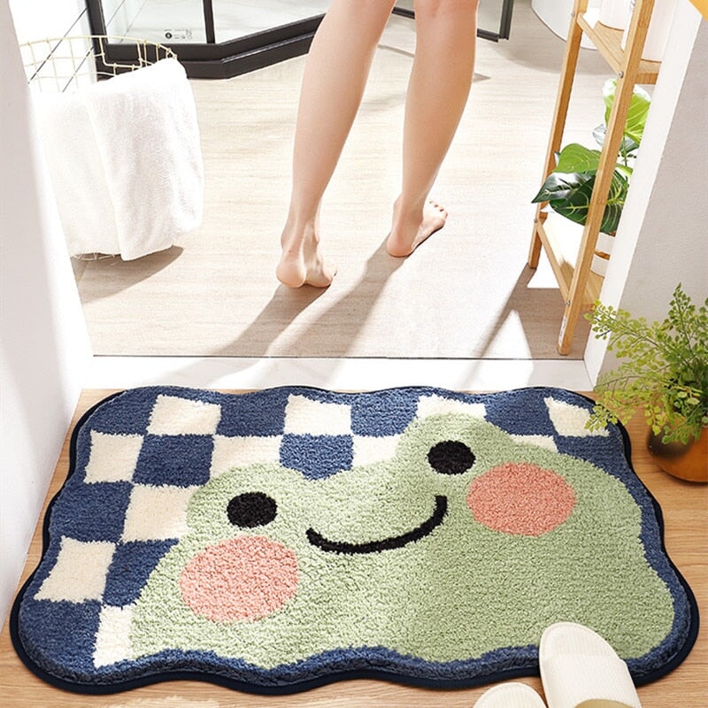 Kawaii Checkered Frog Bunny Non-Slip Bath Mats-Enchanted peach