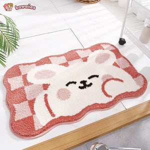 Kawaii Checkered Frog Bunny Non-Slip Bath Mats-Enchanted peach