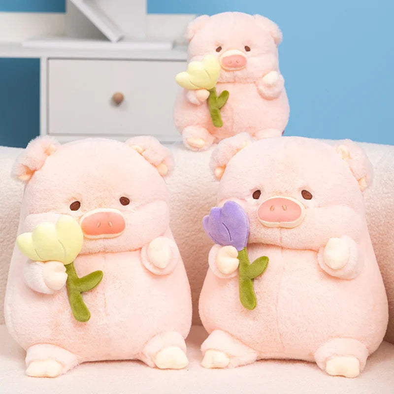 Kawaii Chunky Pig holding Flower Plushie-Enchanted peach