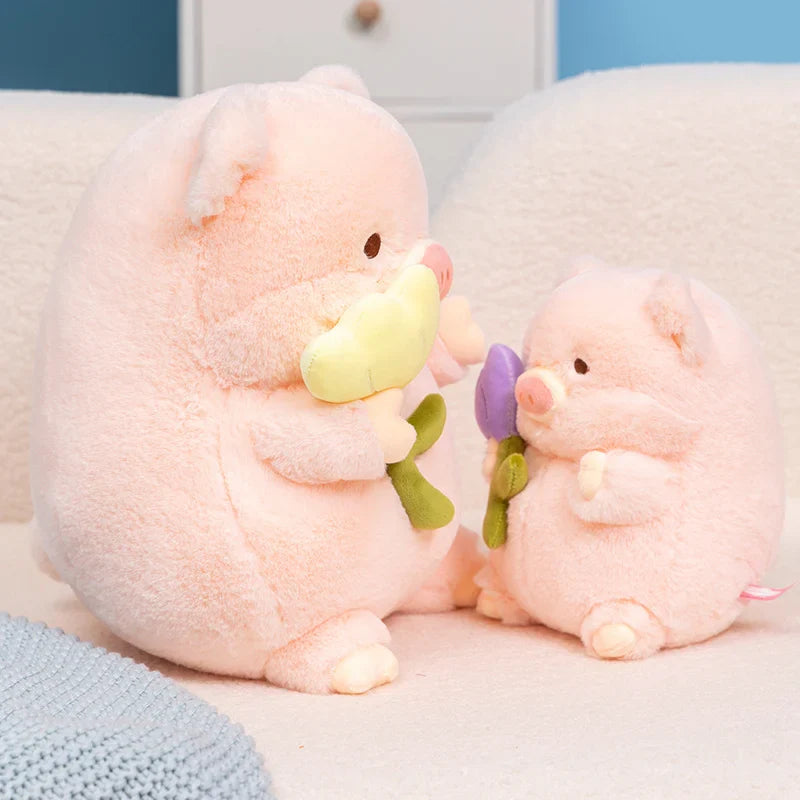 Kawaii Chunky Pig holding Flower Plushie-Enchanted peach