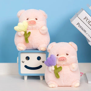 Kawaii Chunky Pig holding Flower Plushie-Enchanted peach