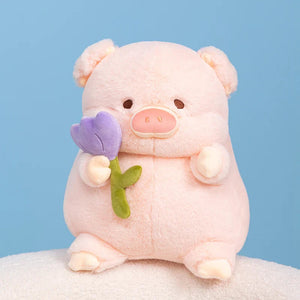 Kawaii Chunky Pig holding Flower Plushie-Enchanted peach