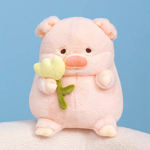 Kawaii Chunky Pig holding Flower Plushie-Enchanted peach