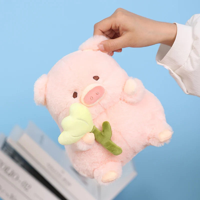 Kawaii Chunky Pig holding Flower Plushie-Enchanted peach