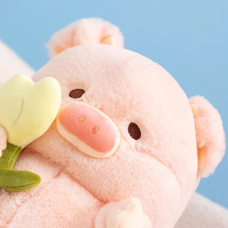 Kawaii Chunky Pig holding Flower Plushie-Enchanted peach