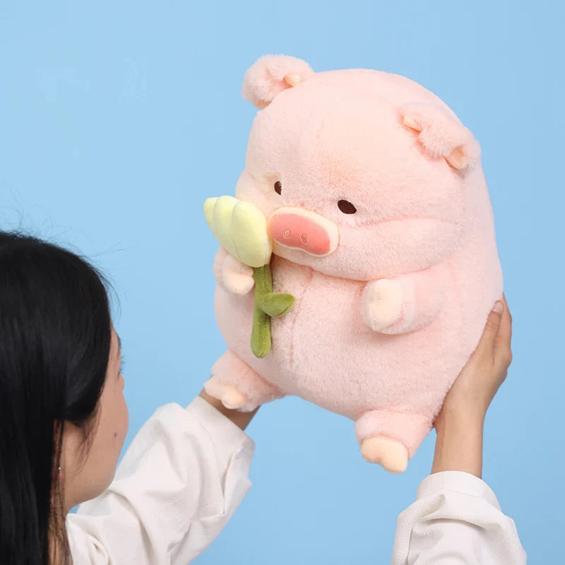 Kawaii Chunky Pig holding Flower Plushie-Enchanted peach