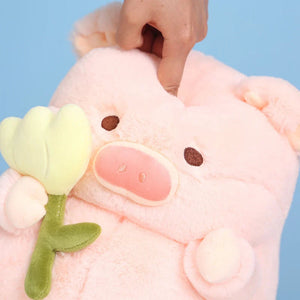 Kawaii Chunky Pig holding Flower Plushie-Enchanted peach