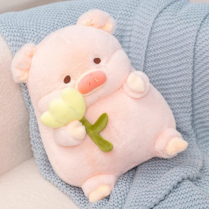 Kawaii Chunky Pig holding Flower Plushie-Enchanted peach