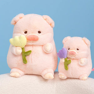 Kawaii Chunky Pig holding Flower Plushie-Enchanted peach