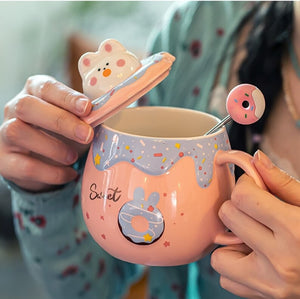 Kawaii Donut Bunny Ceramic Mug With Lid + Spoon-Enchanted peach