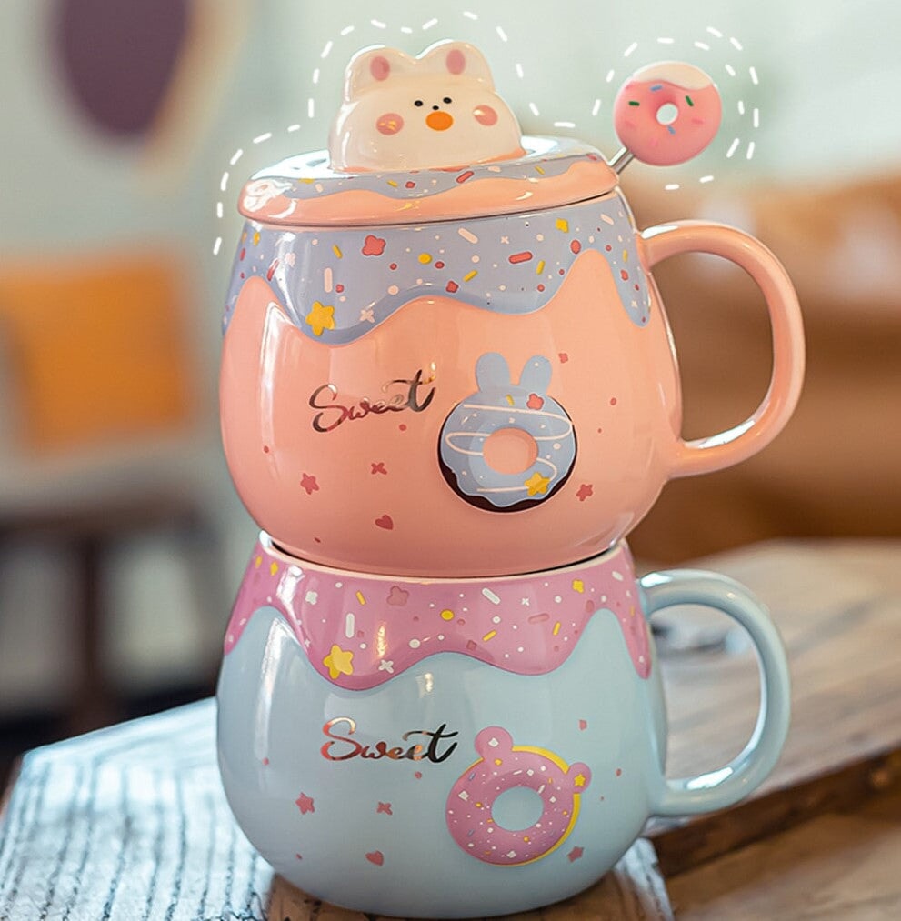 Kawaii Donut Bunny Ceramic Mug With Lid + Spoon-Enchanted peach