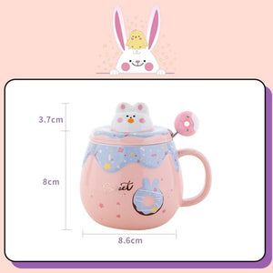 Kawaii Donut Bunny Ceramic Mug With Lid + Spoon-Enchanted peach