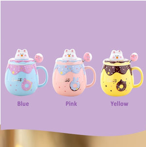 Kawaii Donut Bunny Ceramic Mug With Lid + Spoon-Enchanted peach