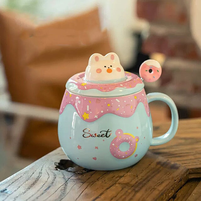 Kawaii Donut Bunny Ceramic Mug With Lid + Spoon-Enchanted peach