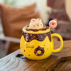 Kawaii Donut Bunny Ceramic Mug With Lid + Spoon-Enchanted peach