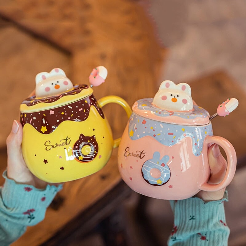 Kawaii Donut Bunny Ceramic Mug With Lid + Spoon-Enchanted peach