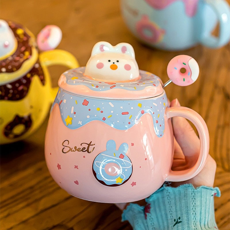 Kawaii Donut Bunny Ceramic Mug With Lid + Spoon-Enchanted peach