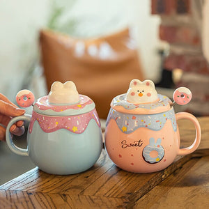 Kawaii Donut Bunny Ceramic Mug With Lid + Spoon-Enchanted peach