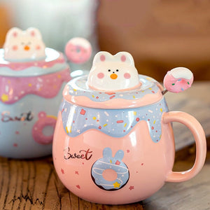 Kawaii Donut Bunny Ceramic Mug With Lid + Spoon-Enchanted peach